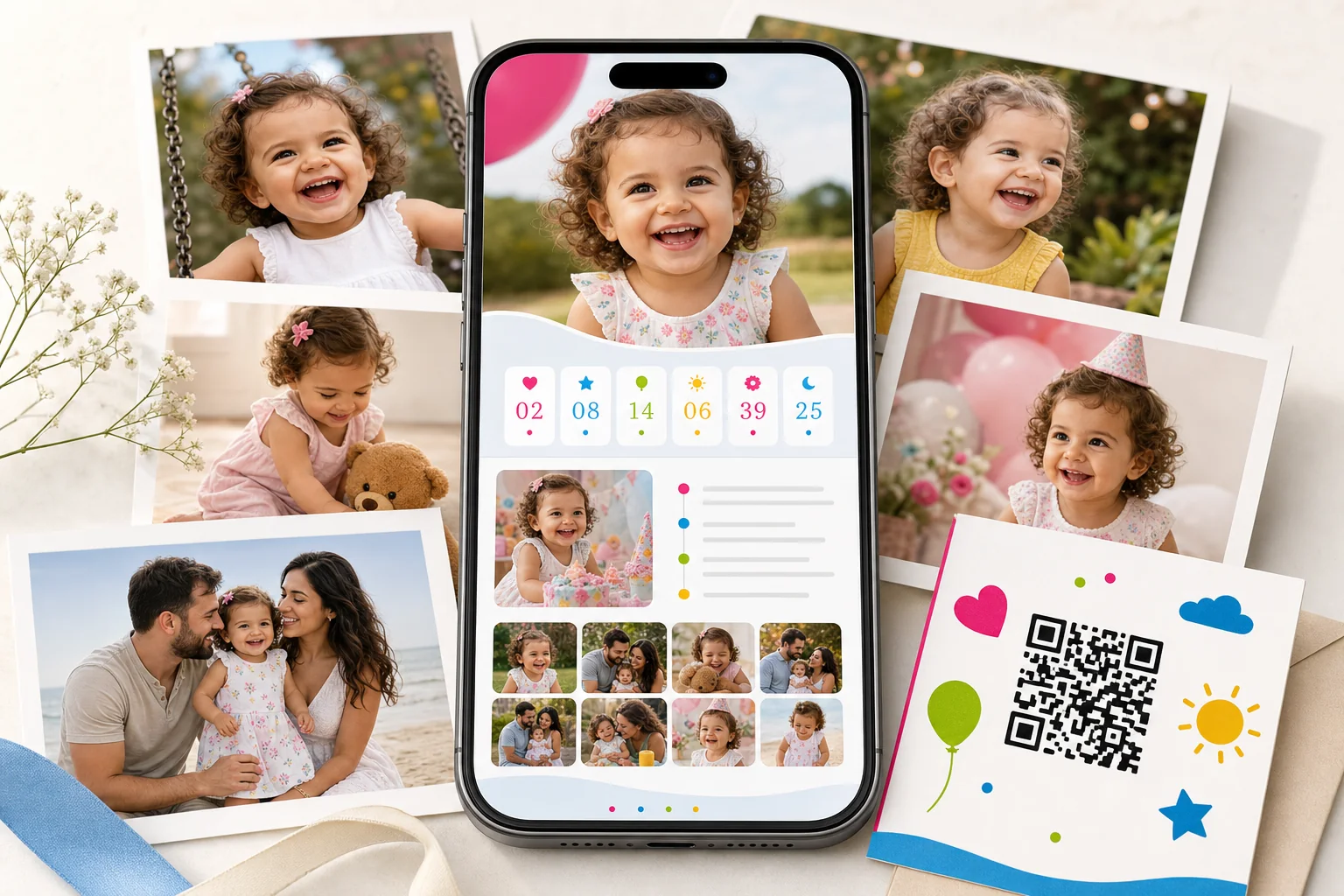 Celular com uma Página de Memórias, contador, fotos da infância e cartão com QR code
