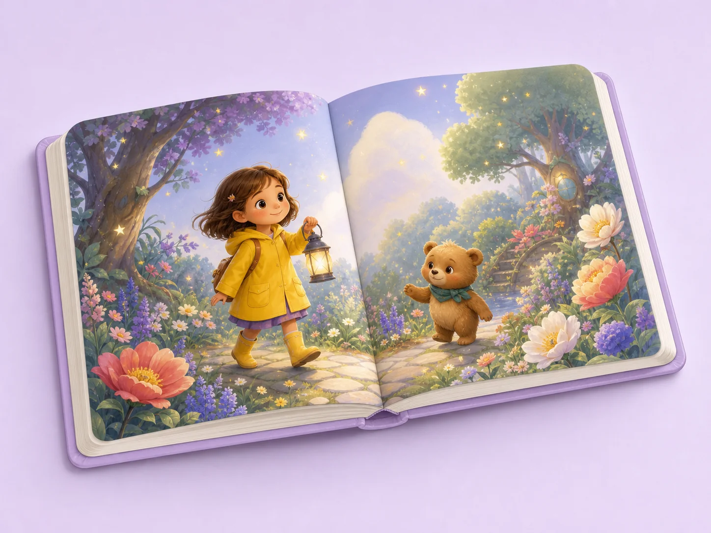 Livro infantil aberto em uma cena de aventura