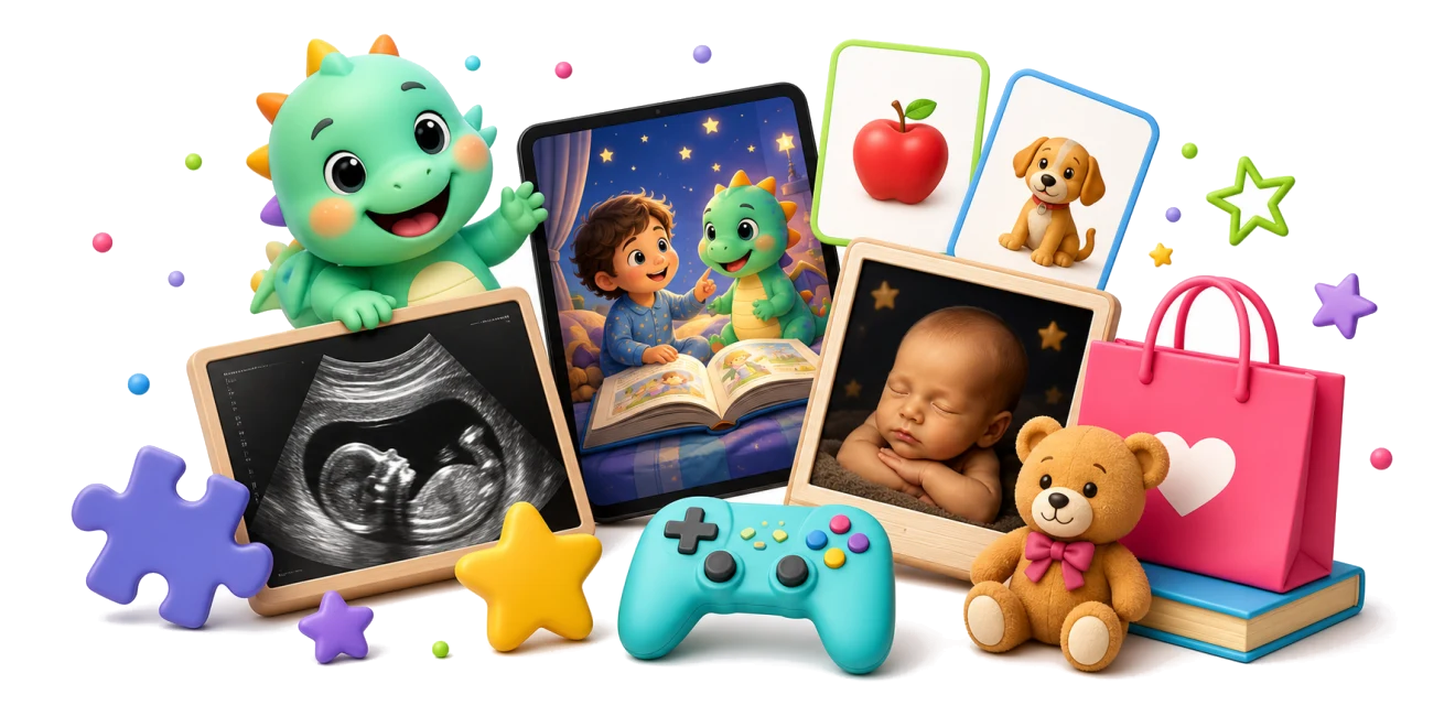 Mascote Dindili com livros, flashcards, jogos, ultrassom e loja infantil